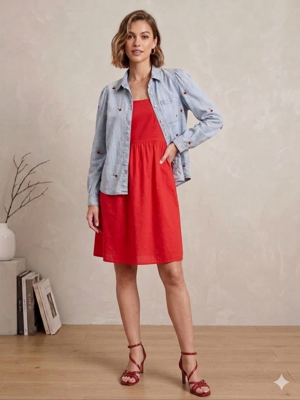 Kensie Jeans Cherry Embroidered Chambray Denim Shirt Large - Picture 3 of 7